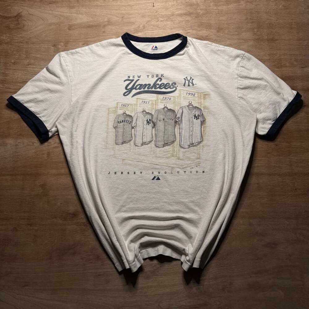 Vintage New York Yankees Jersey Evolution Ringer T Shirt 2XL MLB Majestic Y2K